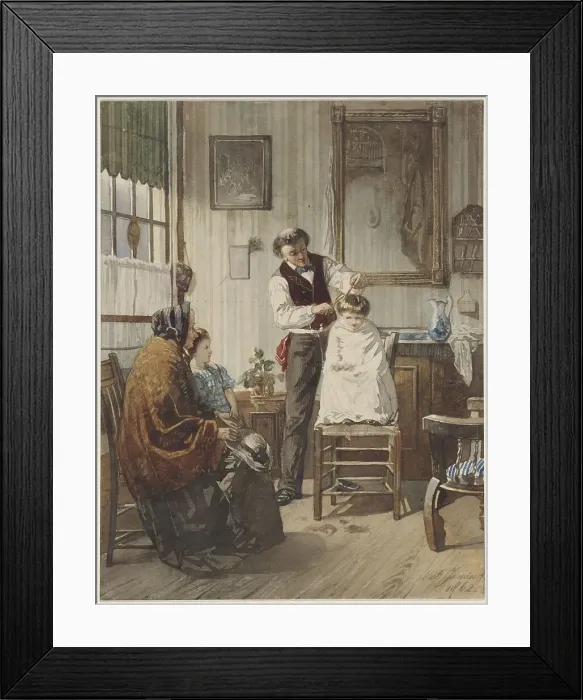 Framed Print : Child at the hairdresser, 1862. Creator: Diederik Franciscus Jamin Framed Print : Child at the hairdresser, 1862. Creator: Diederik Franciscus Jamin
