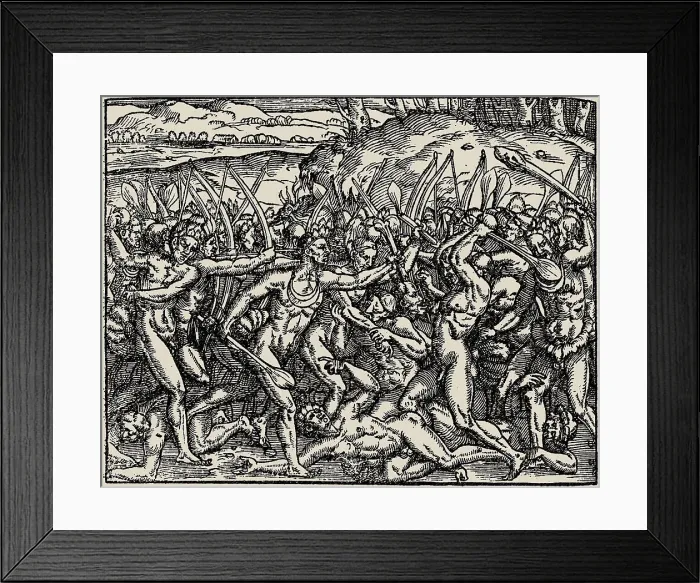 Framed Print : Brazil. As savages make war against each other... From Cosmografia universal by André Thevet, 1558. Creator: Bry, Theodor de (1528-1598) Framed Print : Brazil. As savages make war against each other... From Cosmografia universal by André Thevet, 1558. Creator: Bry, Theodor de (1528-1598)