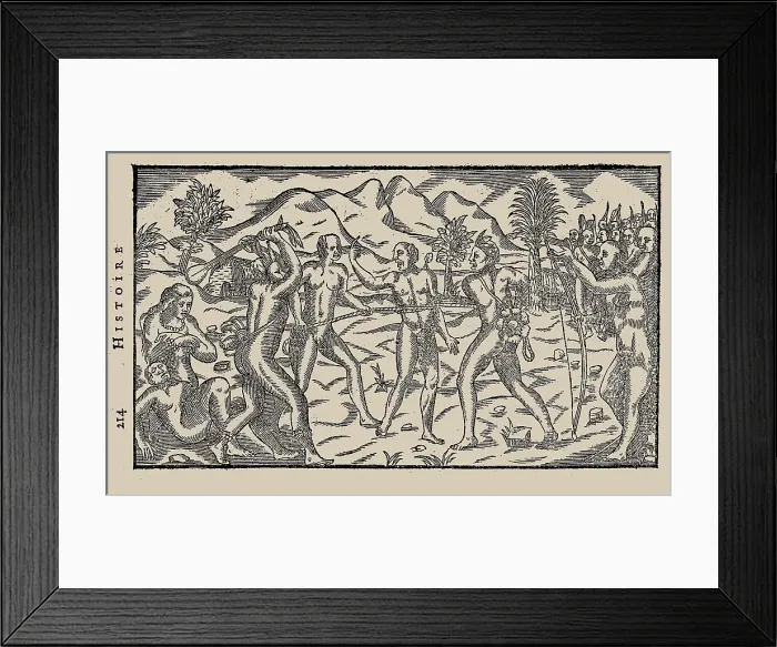 Framed Print : Brazilian Indian warriors taking a prisoner. From Histoire d'un voyage fait en la terre du Brésil Creator: Bry, Theodor de (1528-1598). Brazilian Indian warriors taking a prisoner Framed Print : Brazilian Indian warriors taking a prisoner. From Histoire d'un voyage fait en la terre du Brésil Creator: Bry, Theodor de (1528-1598). Brazilian Indian warriors taking a prisoner