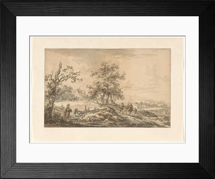 Framed Print : Woman with child and man with donkey in landscape, 1755-1818. Creator: Egbert van Drielst Framed Print : Woman with child and man with donkey in landscape, 1755-1818. Creator: Egbert van Drielst