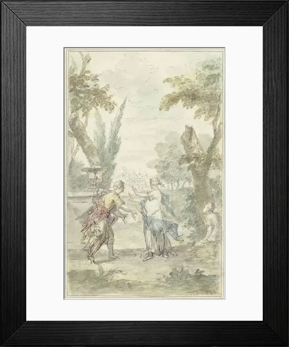 Framed Print : Design for a theatre piece: the blindfolded Amaryllis grabs Mirtillo, 1715-1798. Creator: Dionys van Nijmegen Framed Print : Design for a theatre piece: the blindfolded Amaryllis grabs Mirtillo, 1715-1798. Creator: Dionys van Nijmegen