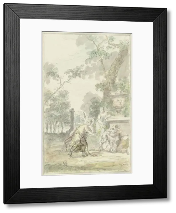 Framed Print : Design for a theatre piece: Dorinda gives Silvio his dog back, 1715-1798. Creator: Dionys van Nijmegen Framed Print : Design for a theatre piece: Dorinda gives Silvio his dog back, 1715-1798. Creator: Dionys van Nijmegen