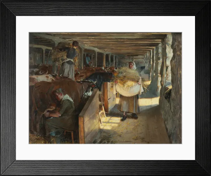 Framed Print : Feeding Time in a Cow-Shed, 1890. Creator: Oscar Bjorck Framed Print : Feeding Time in a Cow-Shed, 1890. Creator: Oscar Bjorck