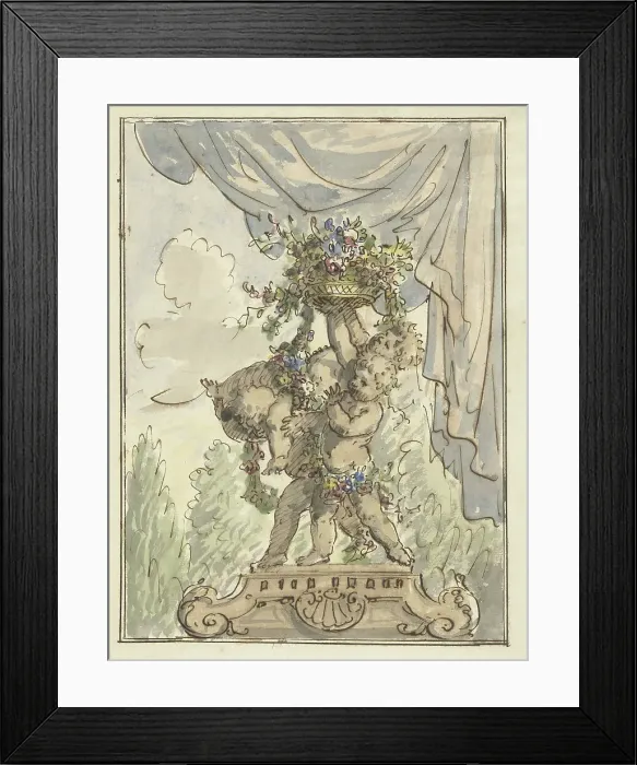 Framed Print : Three putti with a flower basket, 1677-1755. Creator: Elias van Nijmegen Framed Print : Three putti with a flower basket, 1677-1755. Creator: Elias van Nijmegen