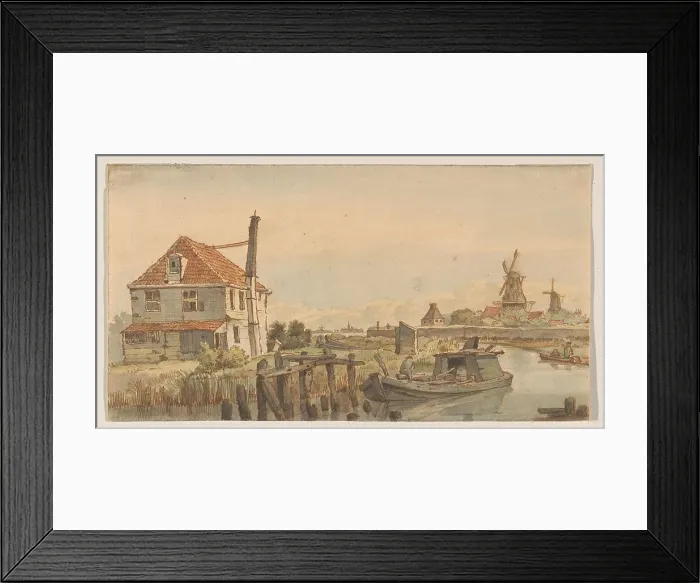 Framed Print : Boat on a canal, a house and two windmills, 1801-1873. Creator: George Pieter Westenberg