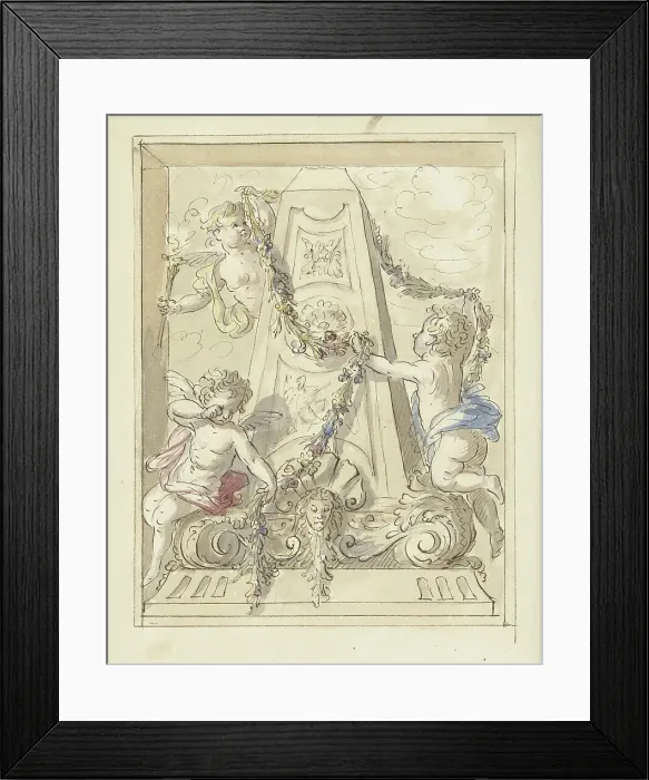Framed Print : Mourning putti hanging garlands on a monument, 1677-1755. Creator: Elias van Nijmegen Framed Print : Mourning putti hanging garlands on a monument, 1677-1755. Creator: Elias van Nijmegen