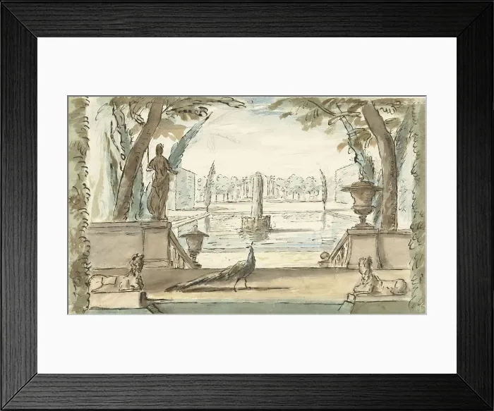 Framed Print : View of a garden with a pond, a fountain and a peacock, 1677-1755. Creator: Elias van Nijmegen Framed Print : View of a garden with a pond, a fountain and a peacock, 1677-1755. Creator: Elias van Nijmegen