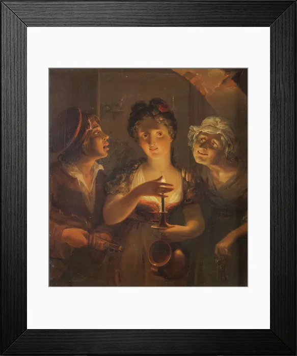 Framed Print : Girl Holding a Candle Standing between a Fiddler and an Old Woman, 1830. Creator: Pehr Berggren Framed Print : Girl Holding a Candle Standing between a Fiddler and an Old Woman, 1830. Creator: Pehr Berggren