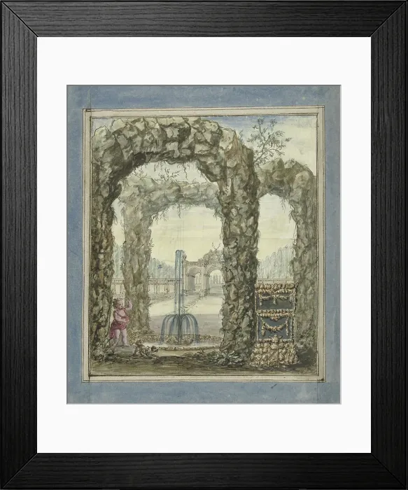 Framed Print : Design for a room painting with stone arches with a fountain and a view of a garden, 1677-1755. Creator: Elias van Nijmegen Framed Print : Design for a room painting with stone arches with a fountain and a view of a garden, 1677-1755. Creator: Elias van Nijmegen
