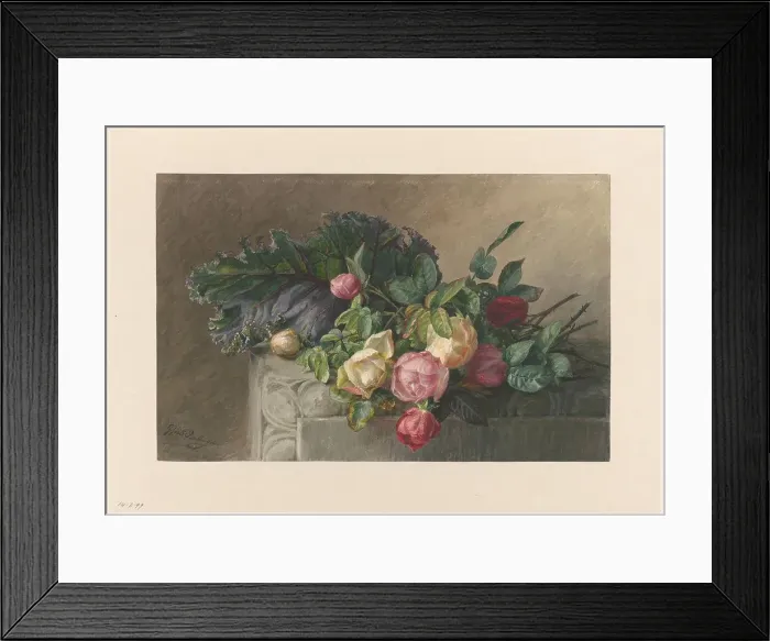 Framed Print : Still life with roses and cabbage leaf, 1836-1892. Creator: Gerardina Jacoba van de Sande Bakhuyzen Framed Print : Still life with roses and cabbage leaf, 1836-1892. Creator: Gerardina Jacoba van de Sande Bakhuyzen