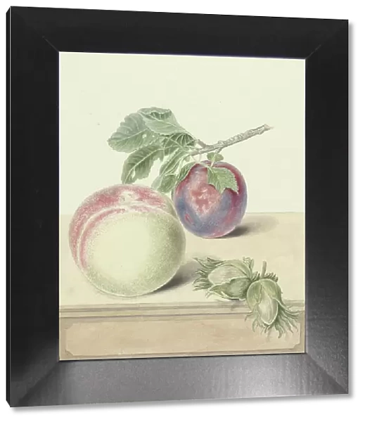 Peach, a plum with leaves and a few nuts, 1818-1853. Creator: Elisabeth Geertruida van de Kasteele