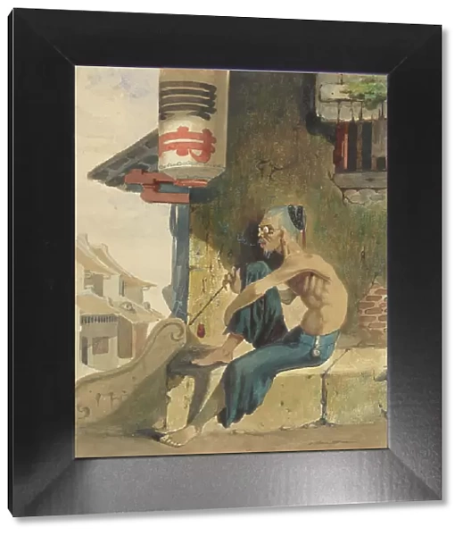 Old, skinny Chinese (opium smoker?) sitting on a sidewalk in Batavia, 1846. Creator: Ernest Alfred Hardouin