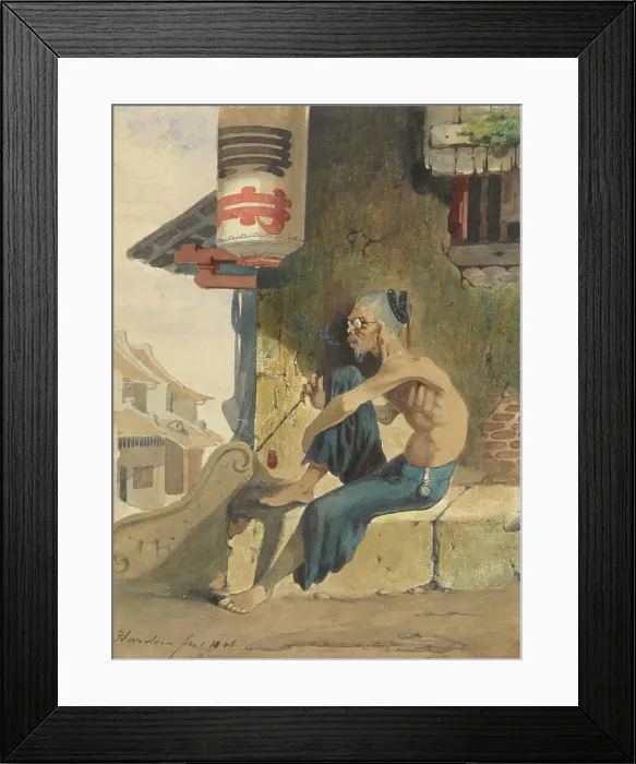 Framed Print : Old, skinny Chinese (opium smoker?) sitting on a sidewalk in Batavia, 1846. Creator: Ernest Alfred Hardouin Framed Print : Old, skinny Chinese (opium smoker?) sitting on a sidewalk in Batavia, 1846. Creator: Ernest Alfred Hardouin