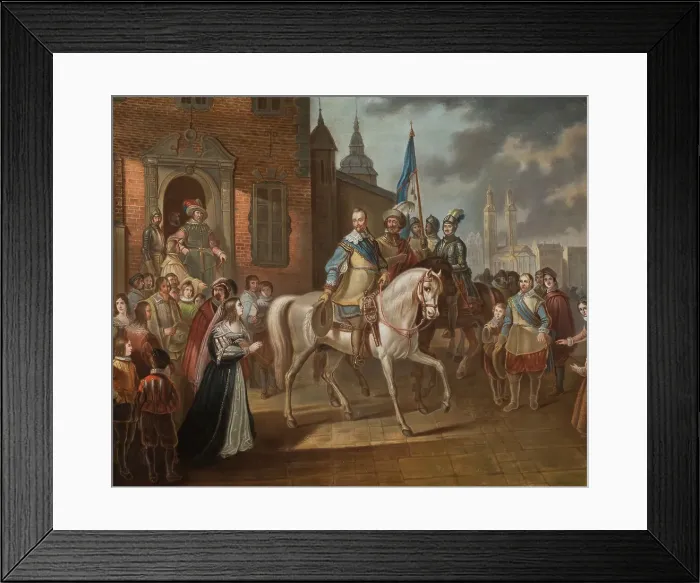 Framed Print : Gustav II Adolf of Sweden Bids Farewell to his Consort, Maria Eleonora i Erfurt.1838. Creator: Peter Lindhberg Framed Print : Gustav II Adolf of Sweden Bids Farewell to his Consort, Maria Eleonora i Erfurt.1838. Creator: Peter Lindhberg