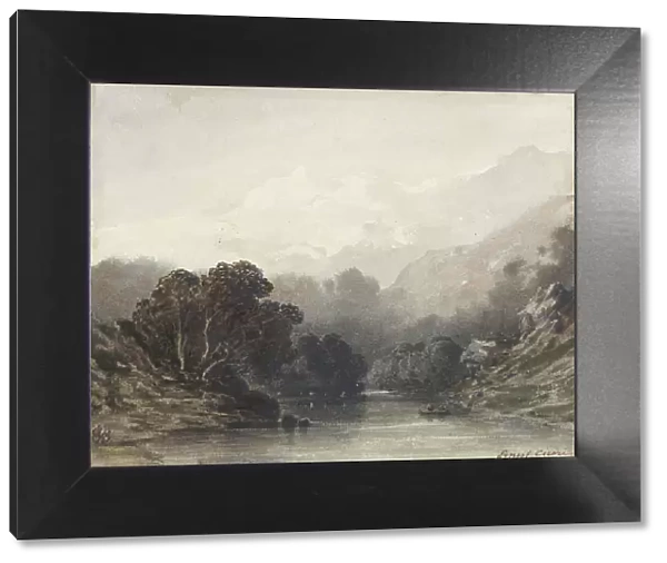 Mountain lake in the shadow of dark trees, behind it light hills and snowy peaks, 1800-1900. Creator: Ernest Ciceri