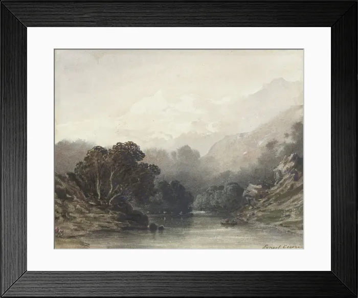 Framed Print : Mountain lake in the shadow of dark trees, behind it light hills and snowy peaks, 1800-1900. Creator: Ernest Ciceri Framed Print : Mountain lake in the shadow of dark trees, behind it light hills and snowy peaks, 1800-1900. Creator: Ernest Ciceri