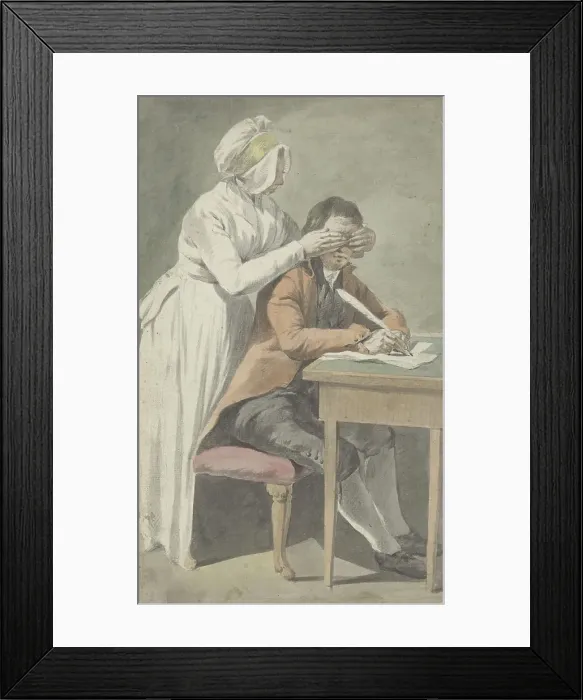 Framed Print : Girl covers the eyes of a youth, 1709-1789. Creator: Etienne Jeaurat Framed Print : Girl covers the eyes of a youth, 1709-1789. Creator: Etienne Jeaurat