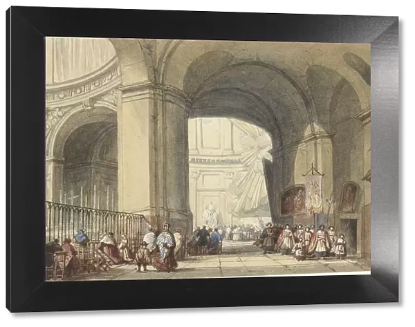 Interior of the S. Roche in Paris, with a procession in the foreground, 1848. Creator: Eugene Louis Lami