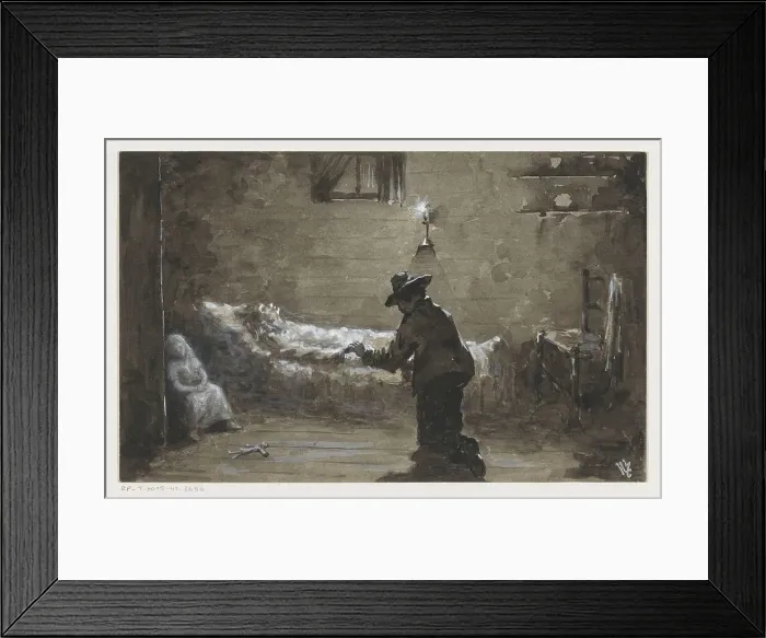 Framed Print : Man kneels at a woman's bed, in or before 1910. Creator: Louwerse, H.C Framed Print : Man kneels at a woman's bed, in or before 1910. Creator: Louwerse, H.C