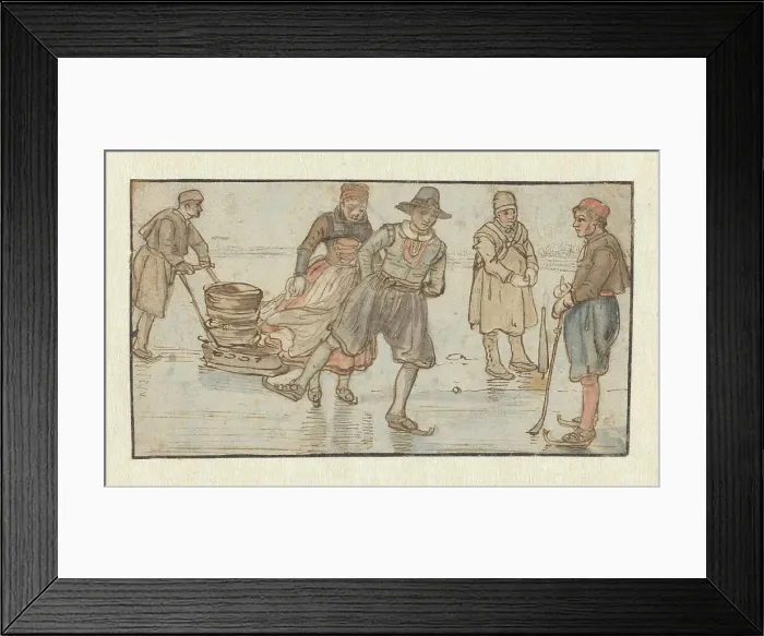 Framed Print : Skaters on the Ice, a Man Pushing a Sledge and a Kolf-player / verso: Two Skaters, c.1620-c.1625. Creator: Hendrick Avercamp Framed Print : Skaters on the Ice, a Man Pushing a Sledge and a Kolf-player / verso: Two Skaters, c.1620-c.1625. Creator: Hendrick Avercamp