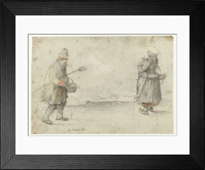 Framed Print : Studies of a Man and a Woman Standing on the Bank of a Frozen River, with a Town... c.1610-c.1615. Creator: Hendrick Avercamp Framed Print : Studies of a Man and a Woman Standing on the Bank of a Frozen River, with a Town... c.1610-c.1615. Creator: Hendrick Avercamp