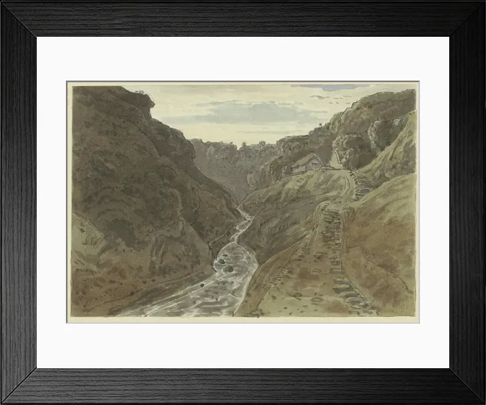 Framed Print : River valley and mountain road leading to two houses, 1777-1842. Creator: George Barret the Younger Framed Print : River valley and mountain road leading to two houses, 1777-1842. Creator: George Barret the Younger