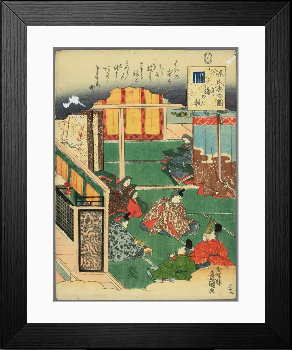 Framed Print : Chapter 32: Plum tree branch (Umegae) from the Tale of Genji series (Genji kô no zu), c. 1846. Creator: Kunisada (Toyokuni III), Utagawa (1786-1864) Framed Print : Chapter 32: Plum tree branch (Umegae) from the Tale of Genji series (Genji kô no zu), c. 1846. Creator: Kunisada (Toyokuni III), Utagawa (1786-1864)