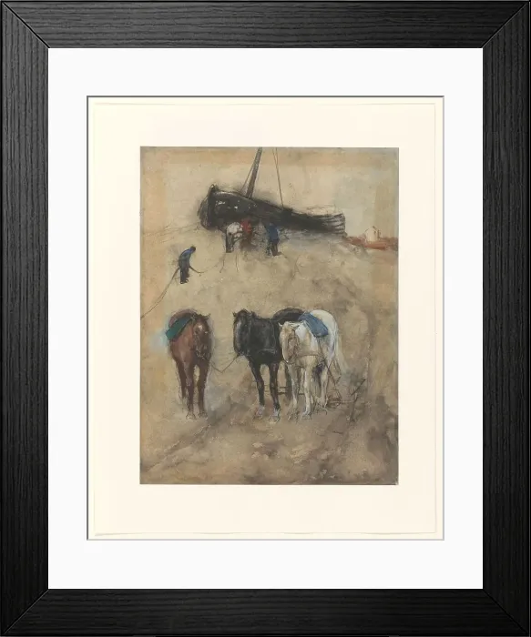 Framed Print : Horses on the beach, a barge and fishermen in the background, c.1867-c.1923. Creator: George Hendrik Breitner Framed Print : Horses on the beach, a barge and fishermen in the background, c.1867-c.1923. Creator: George Hendrik Breitner
