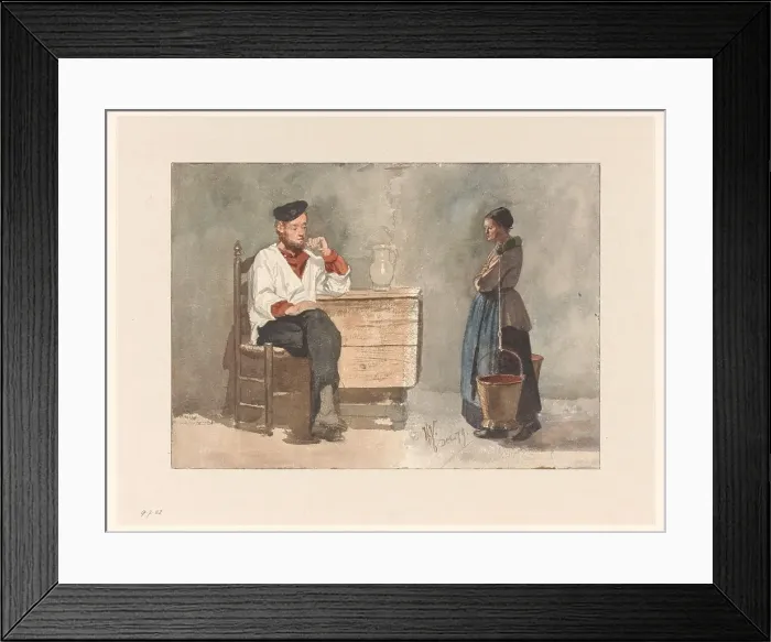 Framed Print : Smoking sailor, woman with yoke and milk buckets, 1879. Creator: Hendrik Valkenburg Framed Print : Smoking sailor, woman with yoke and milk buckets, 1879. Creator: Hendrik Valkenburg