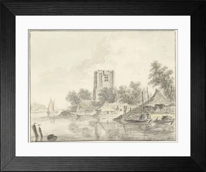 Framed Print : River landscape with a ruined church tower, 1733-1784. Creator: Hendrik Spilman Framed Print : River landscape with a ruined church tower, 1733-1784. Creator: Hendrik Spilman