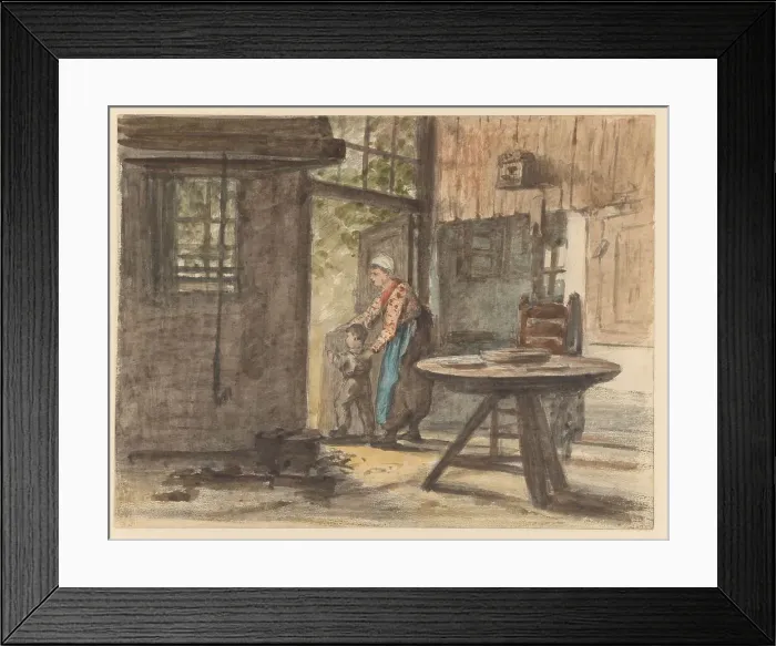 Framed Print : Woman lets boy go outside, 1836-1896. Creator: Hendrik Valkenburg Framed Print : Woman lets boy go outside, 1836-1896. Creator: Hendrik Valkenburg