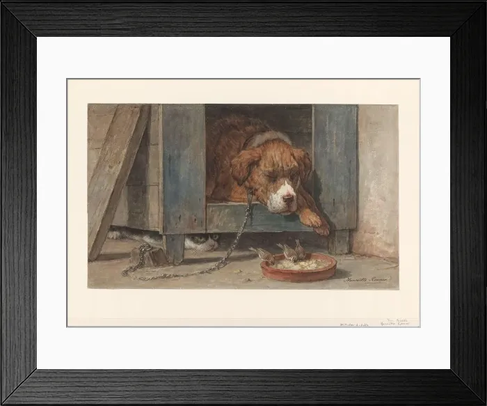Framed Print : Cat spies birds with a sleeping dog, 1831-1892. Creator: Henriette Ronner Framed Print : Cat spies birds with a sleeping dog, 1831-1892. Creator: Henriette Ronner