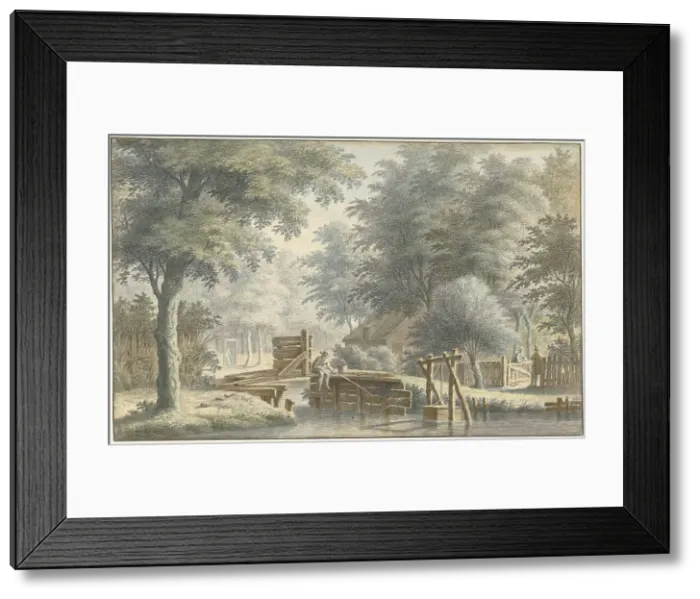 Framed Print : Landscape with an angler on a bridge, 1763. Creator: Gerard van Rossum Framed Print : Landscape with an angler on a bridge, 1763. Creator: Gerard van Rossum
