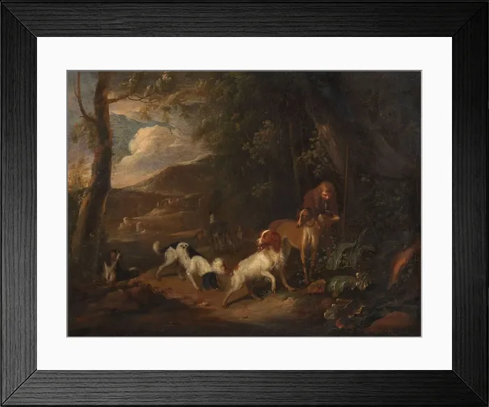 Framed Print : Hunter with Hounds at the Edge of a Wood, c.1696. Creator: Adriaen Cornelisz Beeldemaker Framed Print : Hunter with Hounds at the Edge of a Wood, c.1696. Creator: Adriaen Cornelisz Beeldemaker