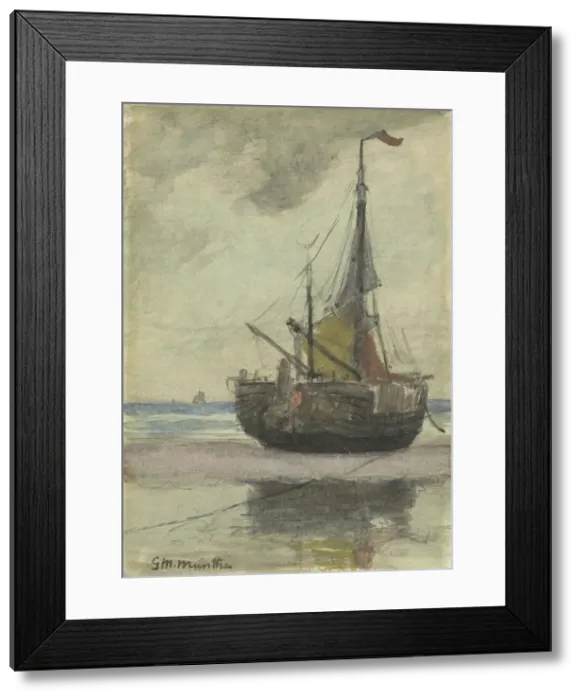 Framed Print : Fishing boat on the beach with reefed sail, 1885-1960. Creator: Gerhard Munthe