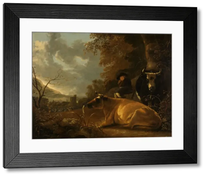 Framed Print : Landscape with Cows and a Young Herdsman, c.1675-c.1725. Creator: Unknown Framed Print : Landscape with Cows and a Young Herdsman, c.1675-c.1725. Creator: Unknown