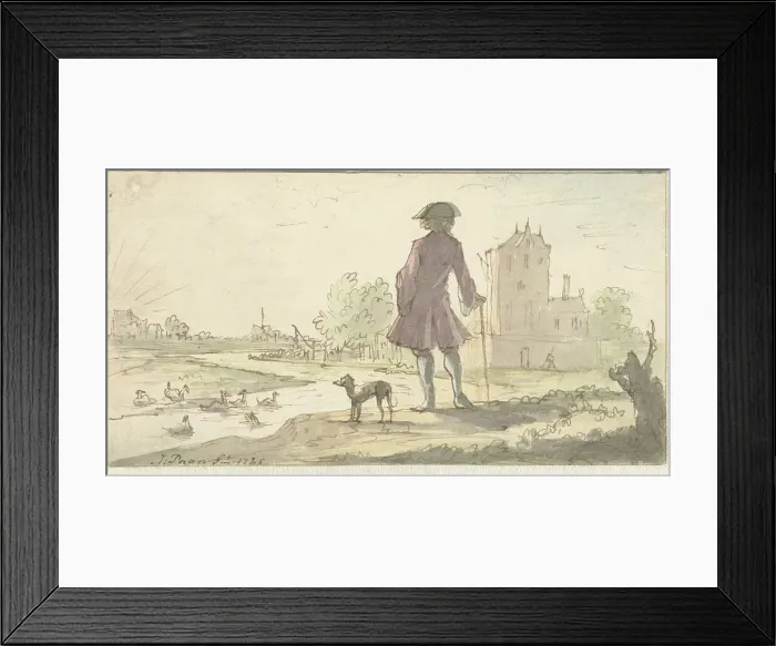 Framed Print : Man with dog near water, 1682-1708. Creator: J. Paon Framed Print : Man with dog near water, 1682-1708. Creator: J. Paon