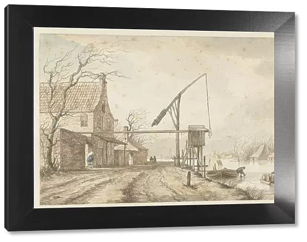 Winter landscape with houses and lifting gear along frozen canal, 1771. Creator: Jacob Cats