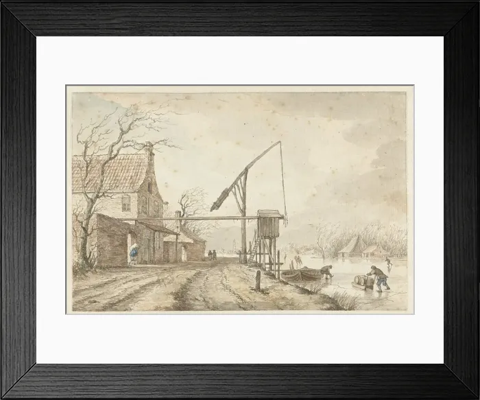 Framed Print : Winter landscape with houses and lifting gear along frozen canal, 1771. Creator: Jacob Cats Framed Print : Winter landscape with houses and lifting gear along frozen canal, 1771. Creator: Jacob Cats