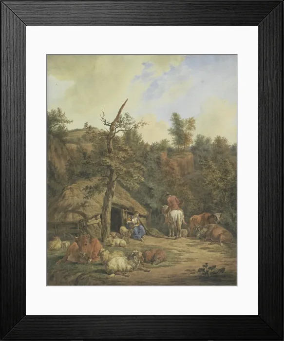 Framed Print : Shepherd, shepherdess and cattle resting in front of a dilapidated stable, 1820-1872. Creator: Hendrik Abraham Klinkhamer
