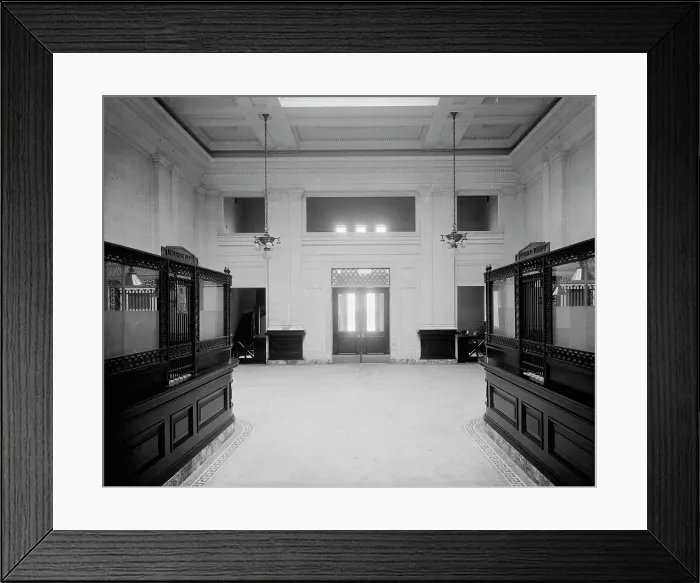 Framed Print : 19th Ward Bank, Thirty-fourth Street Branch, interior, New York, N.Y. between 1905 and 1915. Creator: Unknown Framed Print : 19th Ward Bank, Thirty-fourth Street Branch, interior, New York, N.Y. between 1905 and 1915. Creator: Unknown