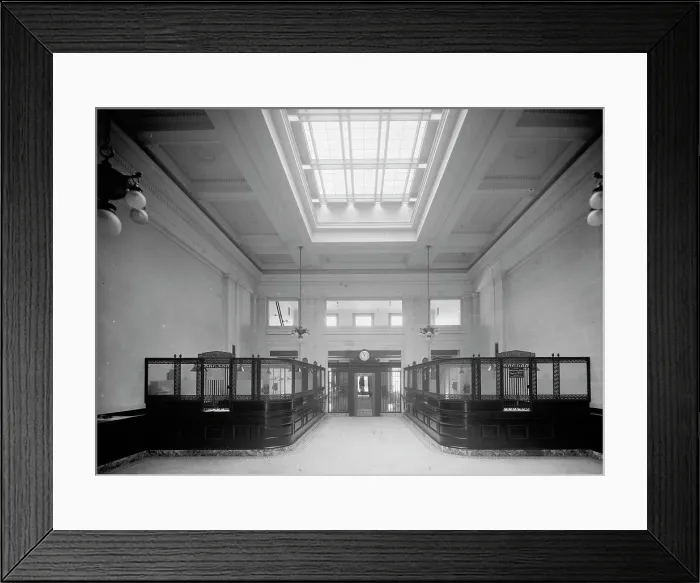 Framed Print : 19th Ward Bank, Thirty-fourth Street Branch, showing clock, New York, N.Y. between 1905 and 1915. Creator: Unknown Framed Print : 19th Ward Bank, Thirty-fourth Street Branch, showing clock, New York, N.Y. between 1905 and 1915. Creator: Unknown
