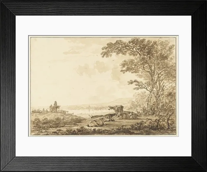 Framed Print : River landscape with resting cattle, 1766-1815. Creator: Jacob van Strij Framed Print : River landscape with resting cattle, 1766-1815. Creator: Jacob van Strij