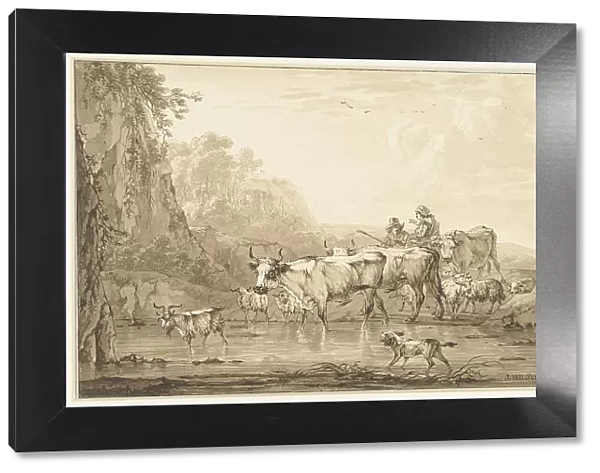 Shepherd and Shepherdess with cattle and sheep at a pool, 1766-1815. Creator: Jacob van Strij