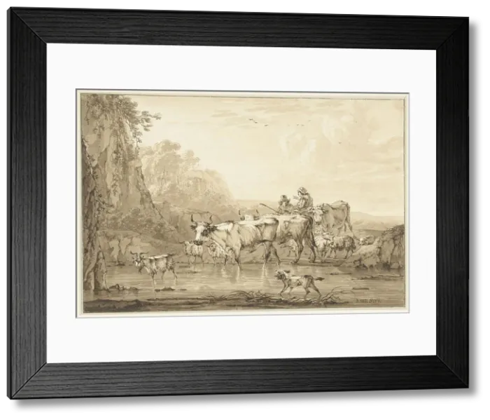 Framed Print : Shepherd and Shepherdess with cattle and sheep at a pool, 1766-1815. Creator: Jacob van Strij Framed Print : Shepherd and Shepherdess with cattle and sheep at a pool, 1766-1815. Creator: Jacob van Strij
