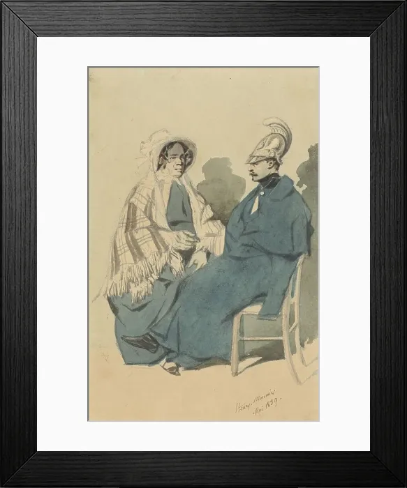 Framed Print : Cuirassier with helmet and blue cloak, sitting next to an old lady in a travelling dress, 1839. Creator: Henry Bonaventure Monnier Framed Print : Cuirassier with helmet and blue cloak, sitting next to an old lady in a travelling dress, 1839. Creator: Henry Bonaventure Monnier