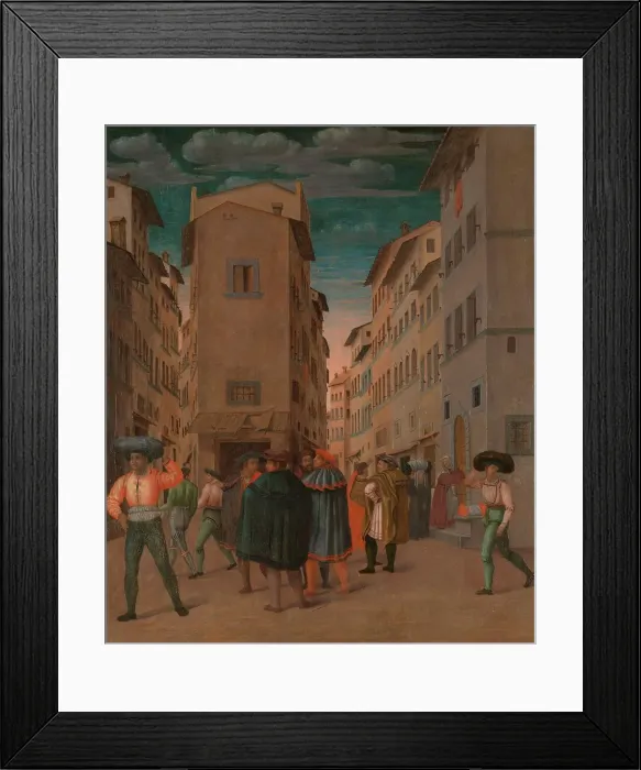 Framed Print : Florentine Street Scene with Twelve Figures (Sheltering the Traveler, one of the Seven Works of Merc Creator: Anon) Framed Print : Florentine Street Scene with Twelve Figures (Sheltering the Traveler, one of the Seven Works of Merc Creator: Anon)