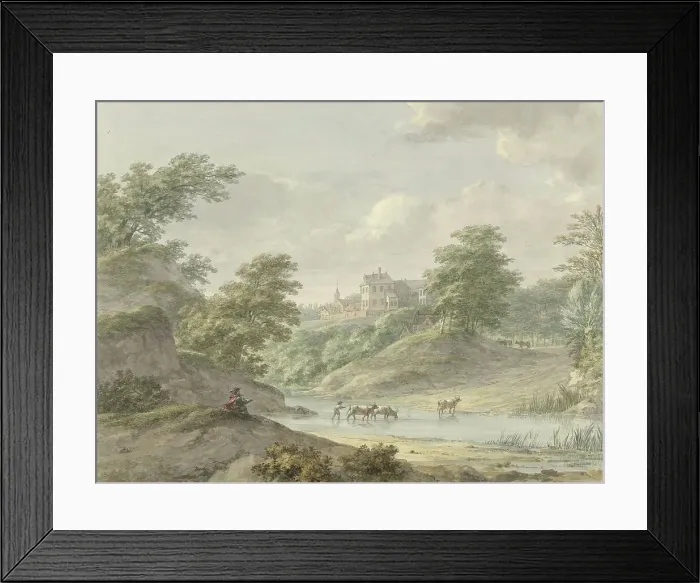 Framed Print : Landscape with a seated draftsman and a castle on the water, 1754-1820. Creator: Hermanus Numan Framed Print : Landscape with a seated draftsman and a castle on the water, 1754-1820. Creator: Hermanus Numan