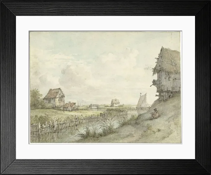 Framed Print : River landscape with draftsman sketching between huts, 1776-1822. Creator: Jan Hulswit Framed Print : River landscape with draftsman sketching between huts, 1776-1822. Creator: Jan Hulswit