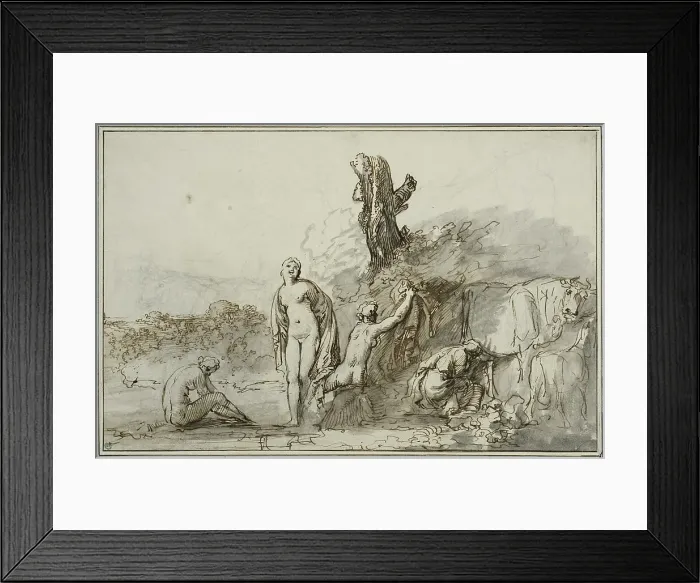 Framed Print : Bathing nymphs and cattle, c17th century. Creator: Anon Framed Print : Bathing nymphs and cattle, c17th century. Creator: Anon